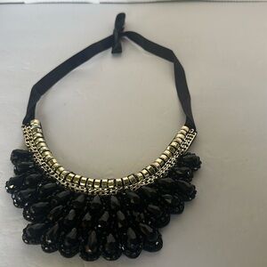 Statement Black Beaded Bib Necklace - Gold Chain Accent - Adjustable Ribbon Tie